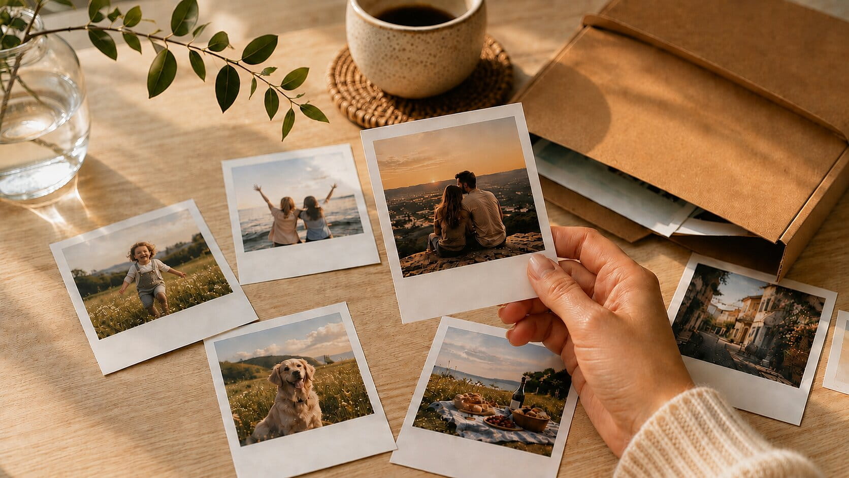 Hand holding a retro photo above a table covered with retro photos