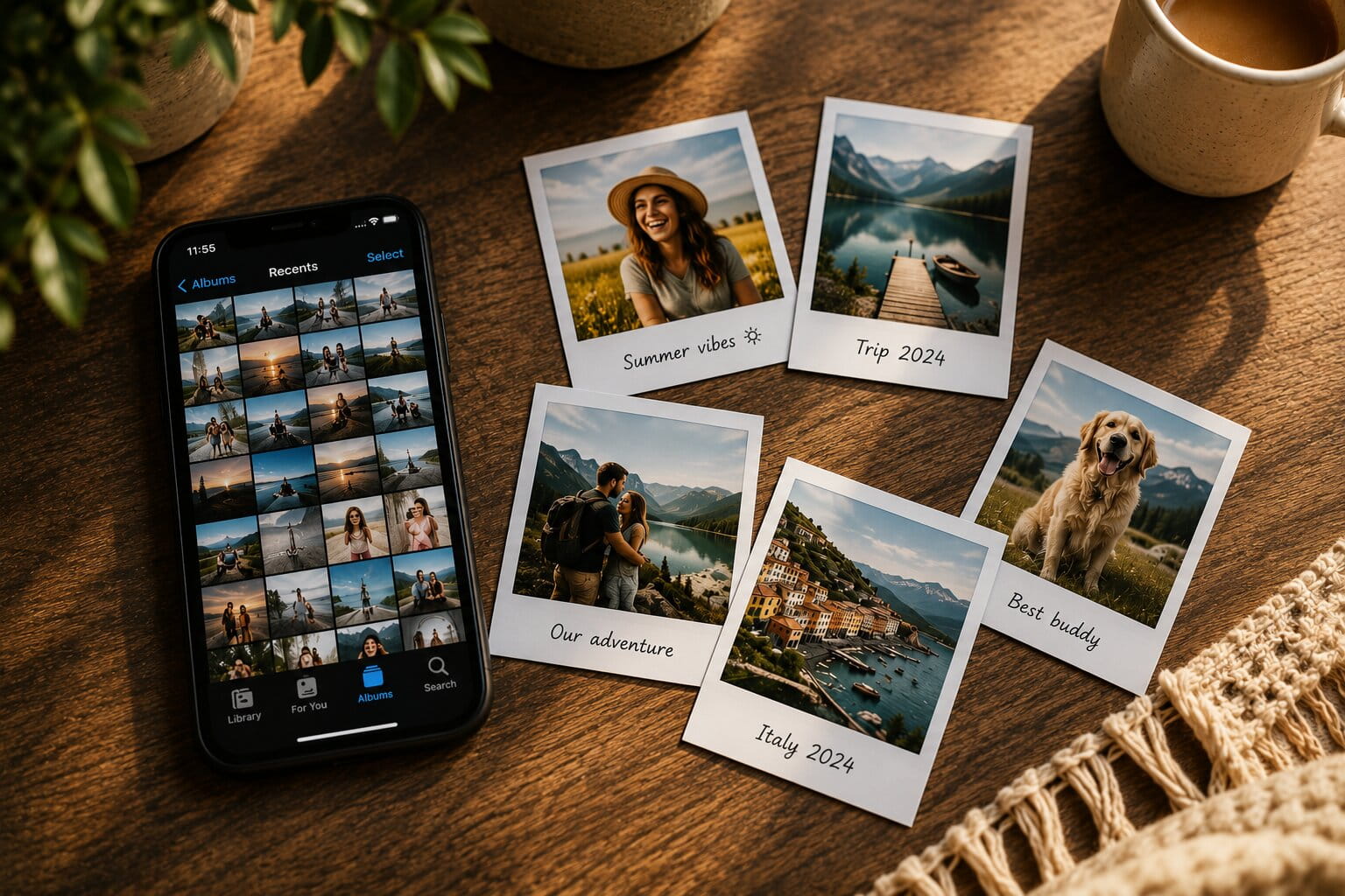 Phone with an open photo gallery lying on a table next to scattered finished retro photos