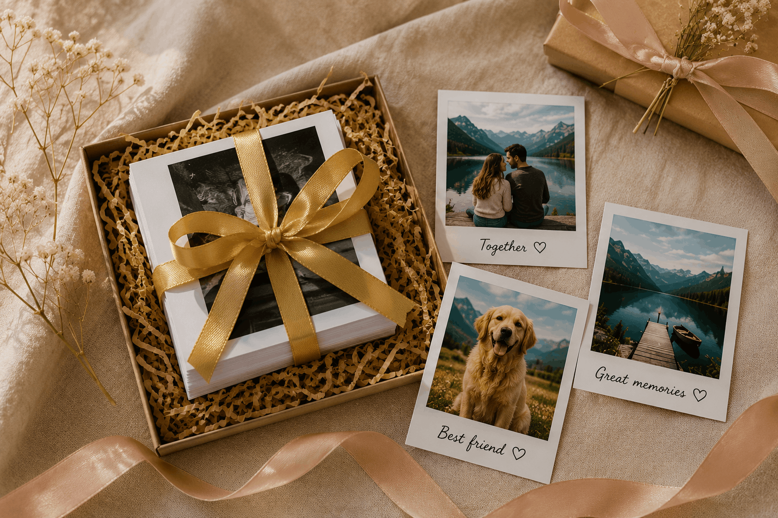 Gift package with retro photos tied with a ribbon and bow
