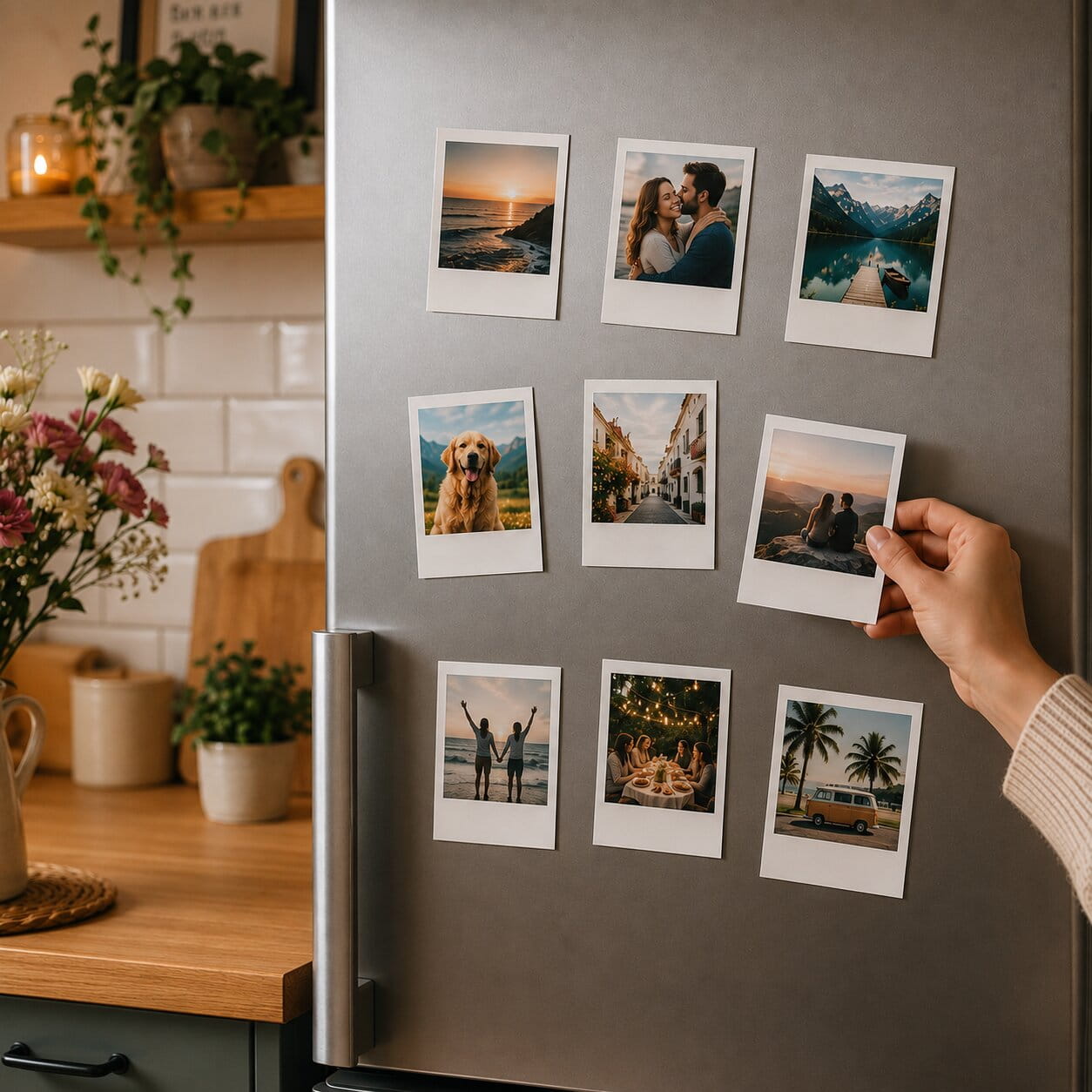 Retro photos on a fridge in a vintage-style kitchen